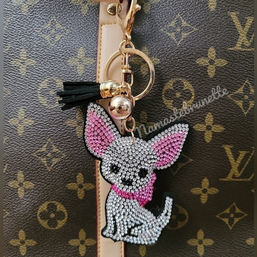 Chihuahua Dog Crystal Rhinestone Keychain Bag Charm With Black Tassel
